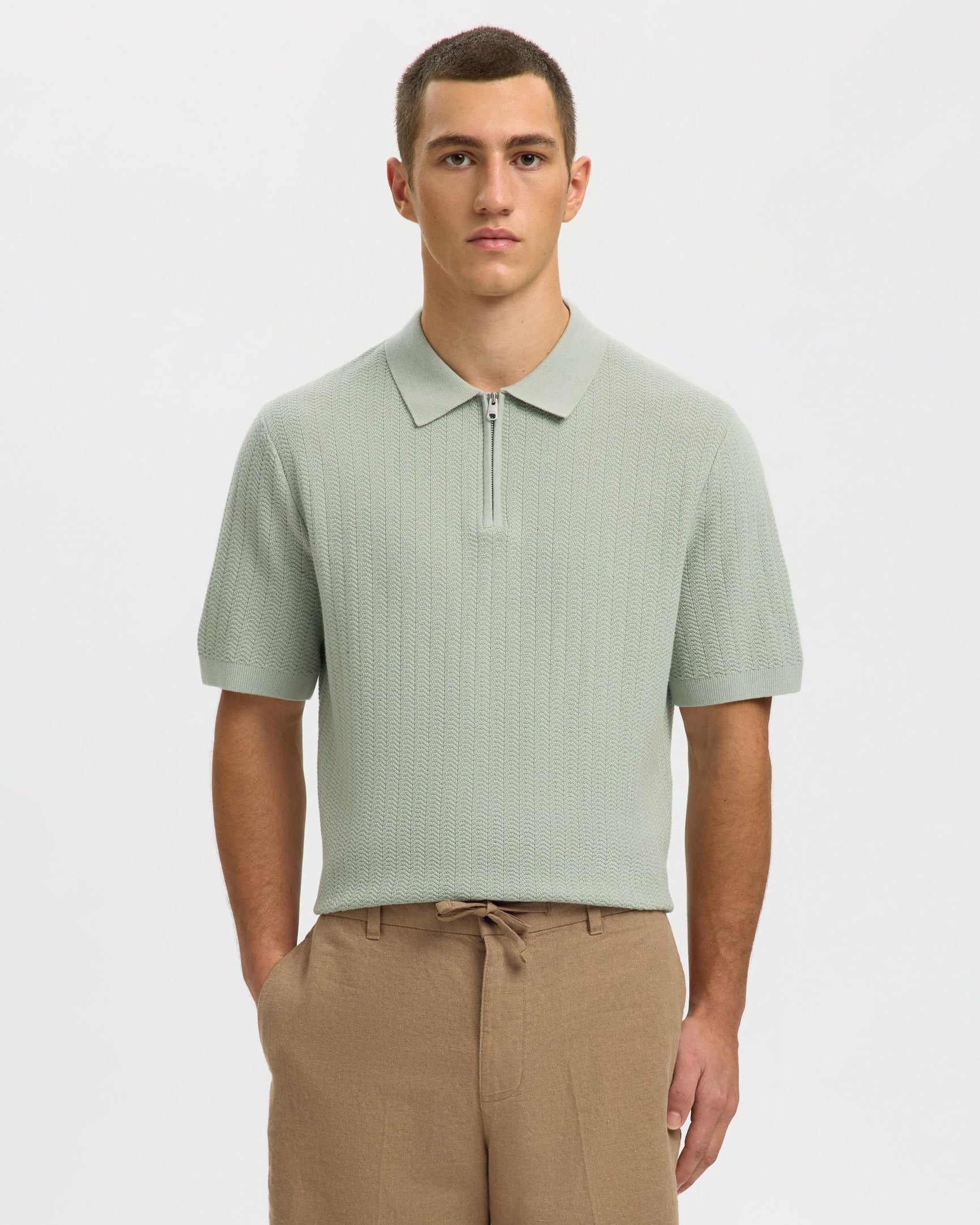 Cran Short-sleeve Knit Structure Zip Polo - Aqua Gray