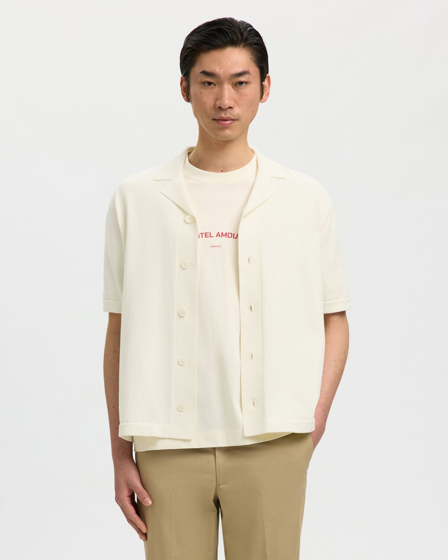 Amour Intarsia Relaxed Polo Cardigan - Egret Artwork