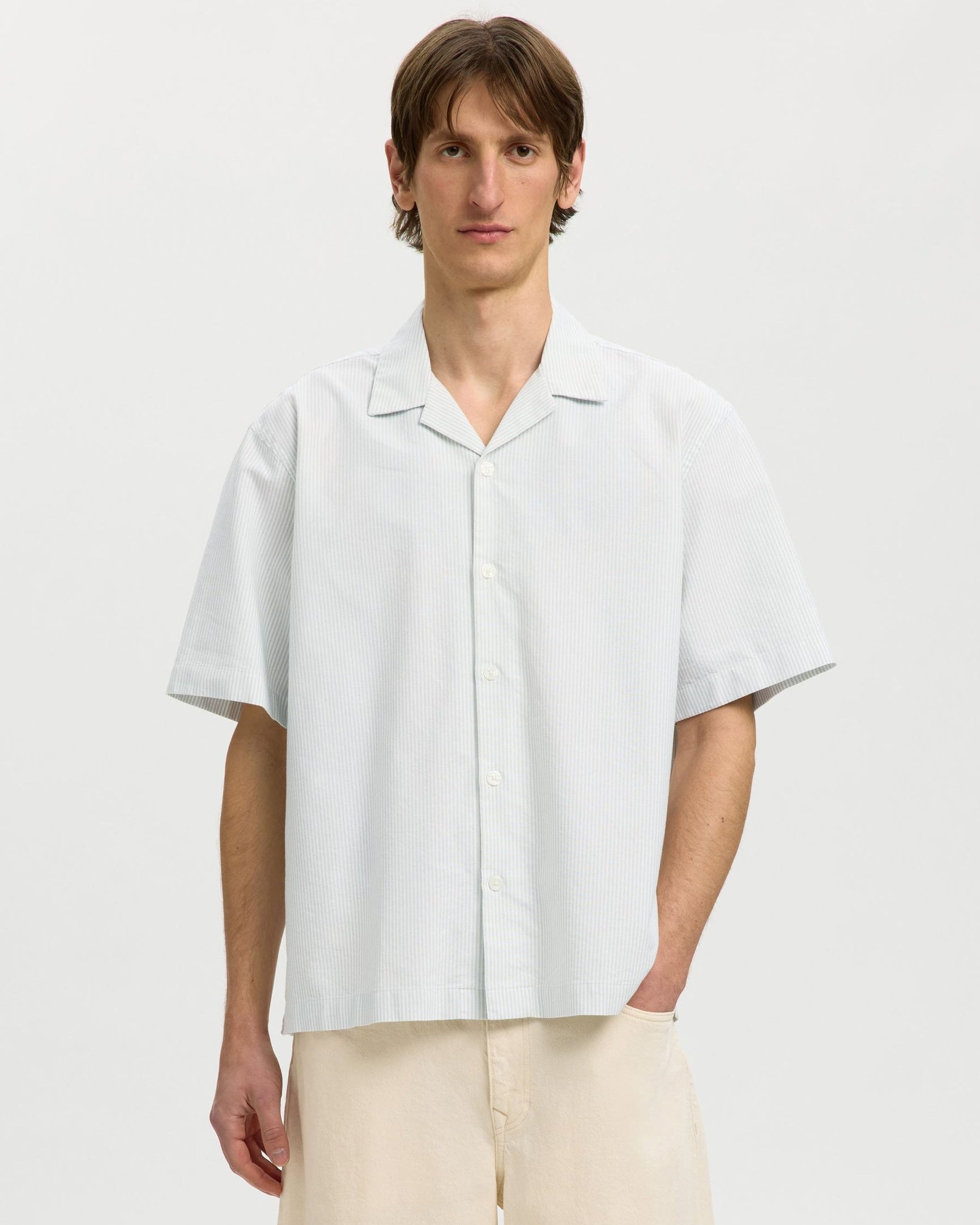 Relax Oxford Short-sleeve Shirt Resort - Aqua Gray/White Stripes