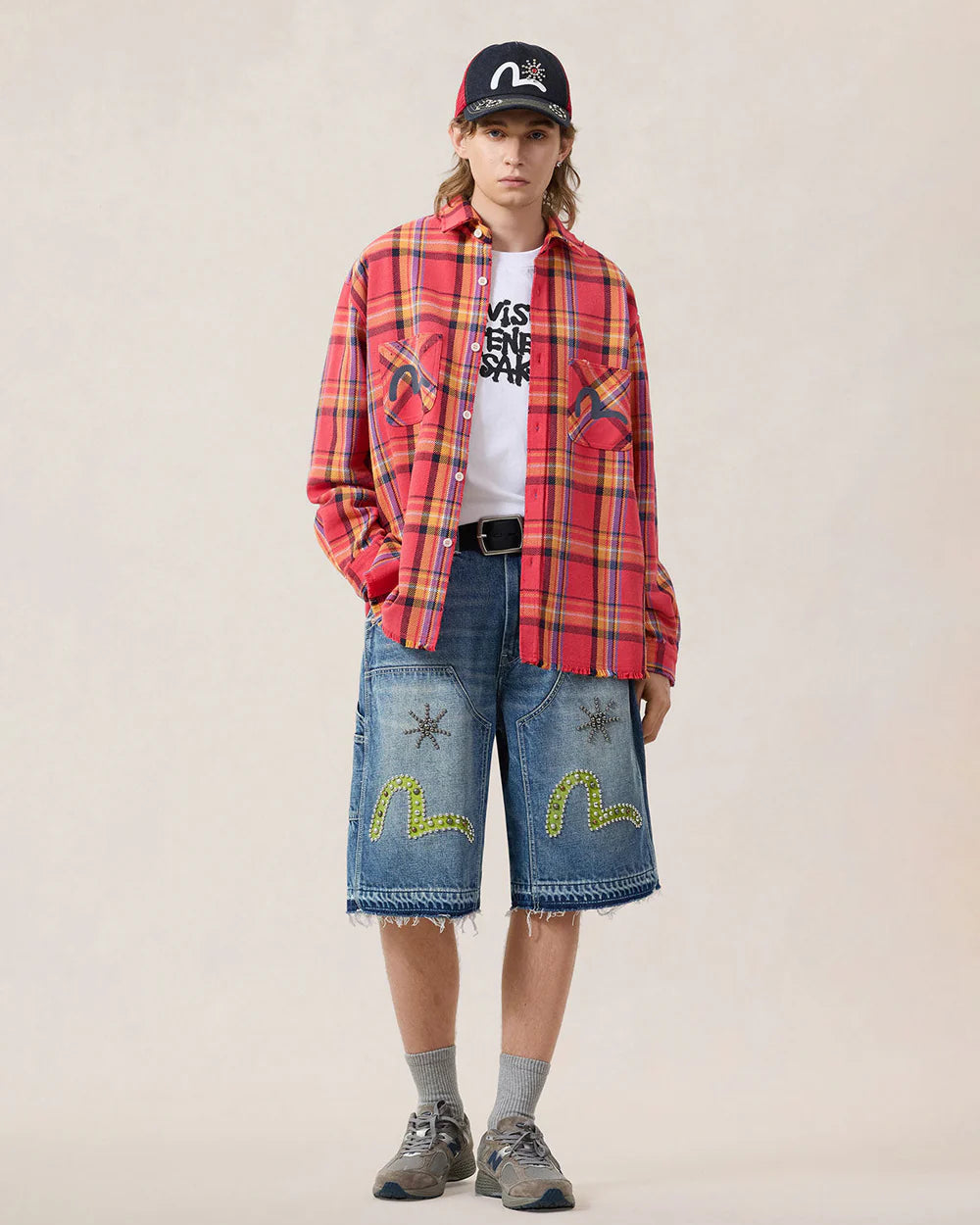 Heavy Washed And Distressed Flannel Shirt - Red Check