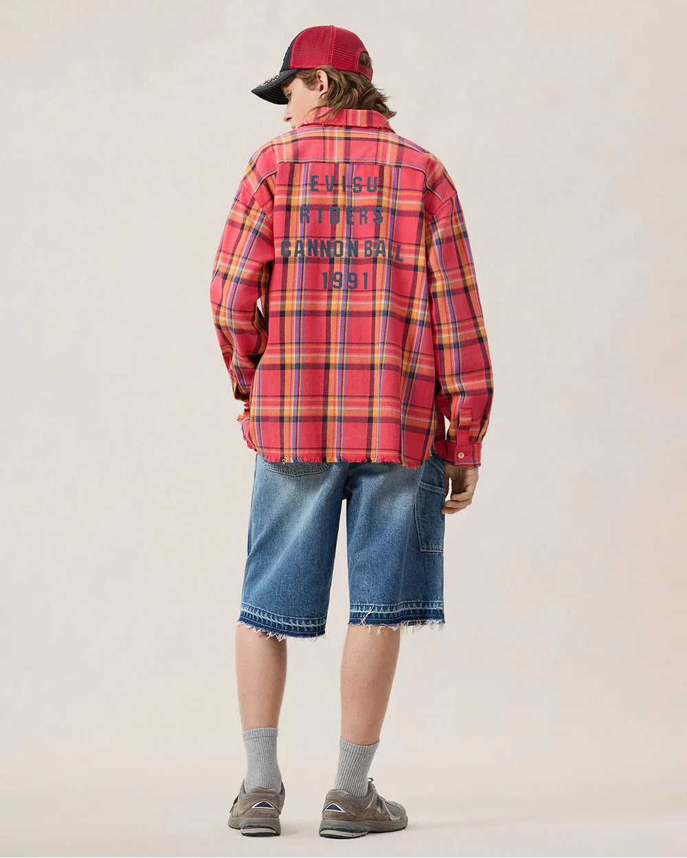 Heavy Washed And Distressed Flannel Shirt - Red Check