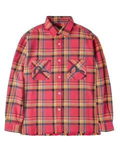 Heavy Washed And Distressed Flannel Shirt - Red Check