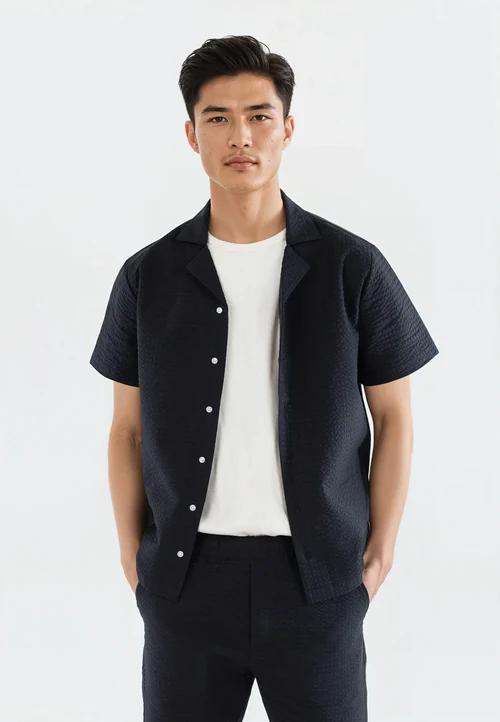Brody seersucker shirt - Dark Navy