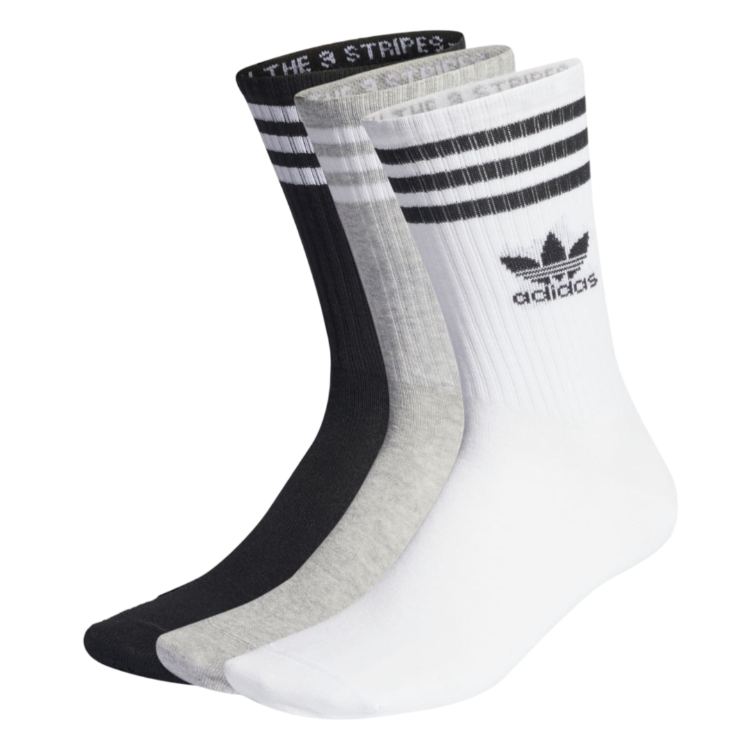 Mid-Cut 3-Stripe Crew Socks 3-Pairs - White/Medium Grey Heather/Black