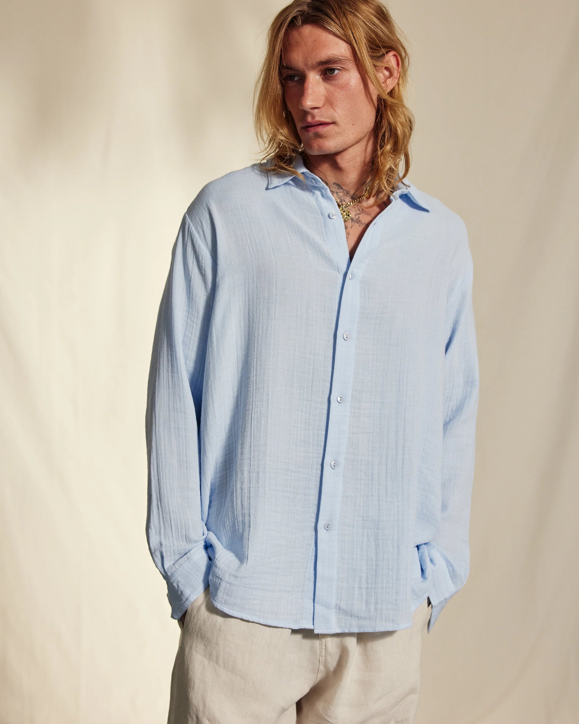 Hooper Cotton Crinkle Shirt - Light Blue