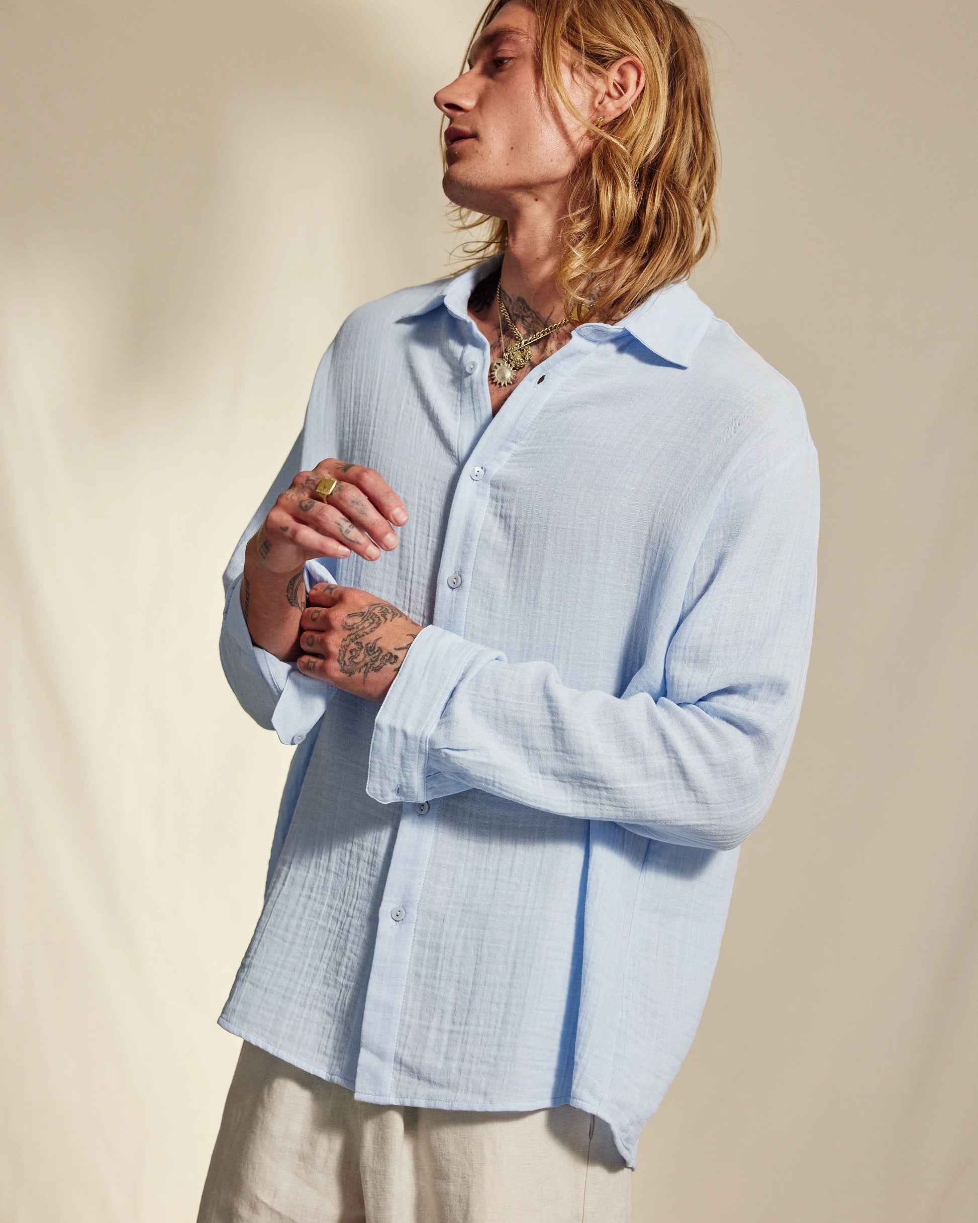 Hooper Cotton Crinkle Shirt - Light Blue