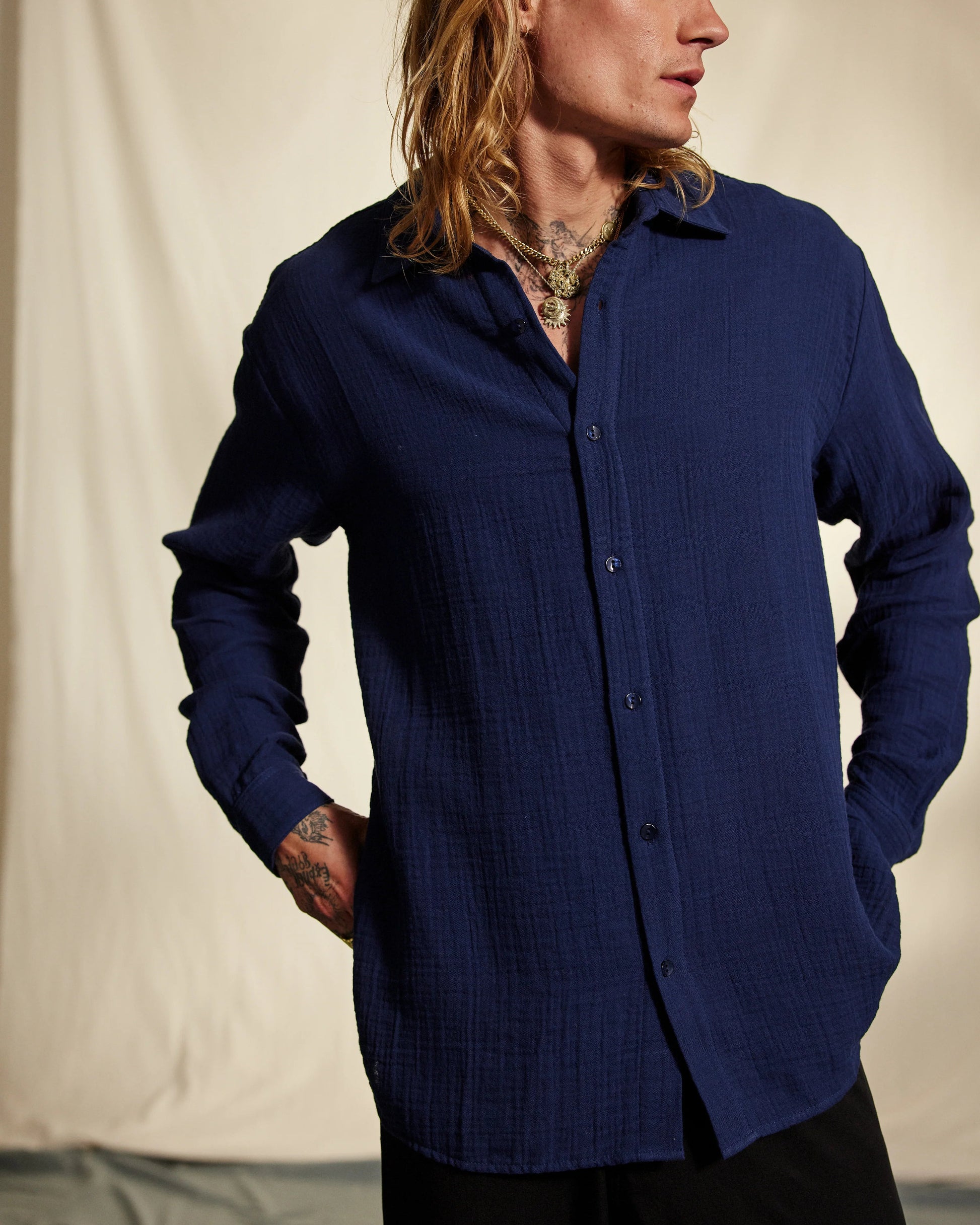 Hooper Cotton Crinkle Shirt - Total Eclipse